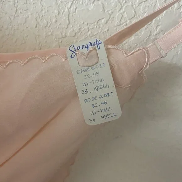 NOS Vintage Seamprufe Full Slip Womens Tall 34 Pink Lace Lingerie Midi READ - Picture 5 of 12